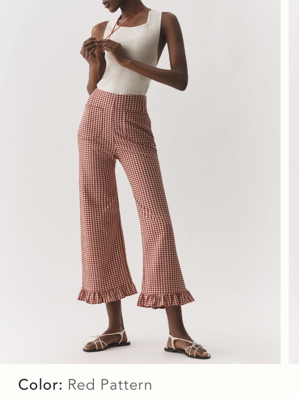 Anthropologie Red Gingham Ruffle-Hem Wide-Leg Pants